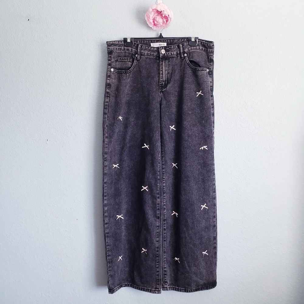 Love Soho Viral Washed Black Wide Leg Bow Jeans